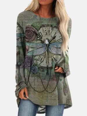 Vintage Plus Size Geometric Round Neck Long Sleeve Tunic Top - Image 14