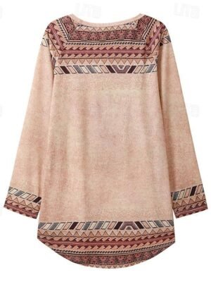 Vintage Plus Size Geometric Round Neck Long Sleeve Tunic Top - Image 2