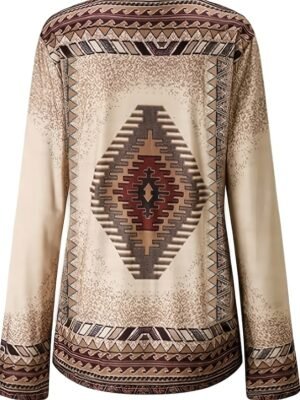 Vintage Plus Size Geometric V Neck Long Sleeve Tunic - Image 7