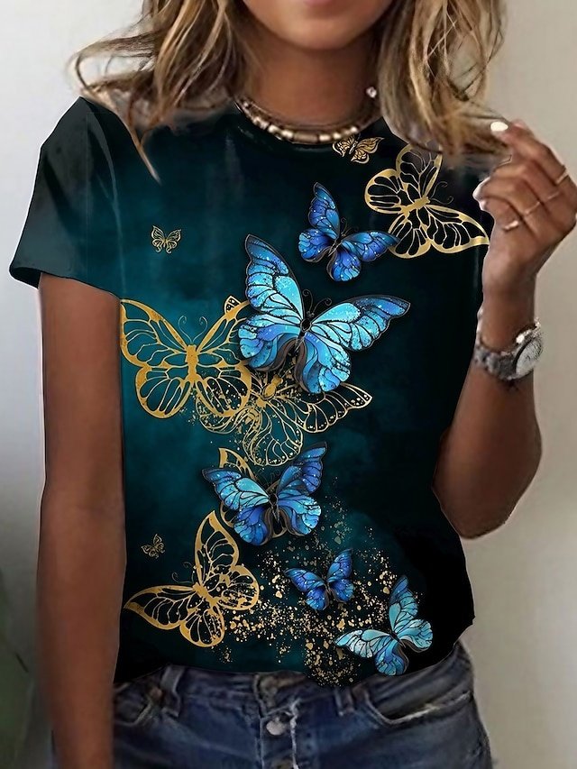 Vintage Regular Butterfly Graphic Round Neck Short Sleeve Tee - Image 1