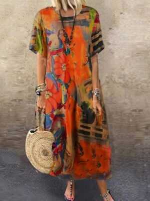 Vintage Regular Fit Abstract Ombre Crew Neck Short Sleeve Maxi Dress - Image 1