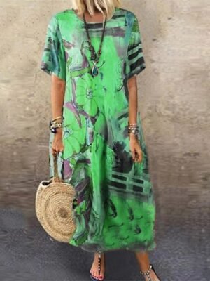 Vintage Regular Fit Abstract Ombre Crew Neck Short Sleeve Maxi Dress - Image 6