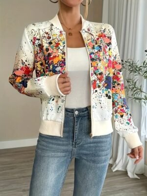 Vintage Regular Fit Abstract Stand Collar Long Sleeve Jacket - Image 4