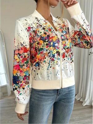Vintage Regular Fit Abstract Stand Collar Long Sleeve Jacket - Image 5