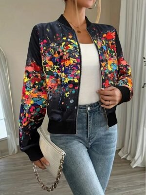 Vintage Regular Fit Abstract Stand Collar Long Sleeve Jacket - Image 7