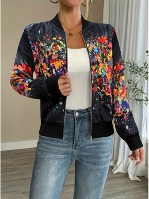 Vintage Regular Fit Abstract Stand Collar Long Sleeve Jacket - Image 9