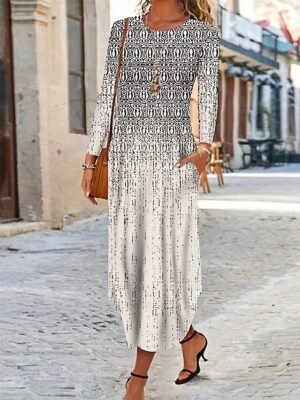 Vintage Regular Fit Ethnic Crew Neck Long Sleeve Maxi Dress - Image 1