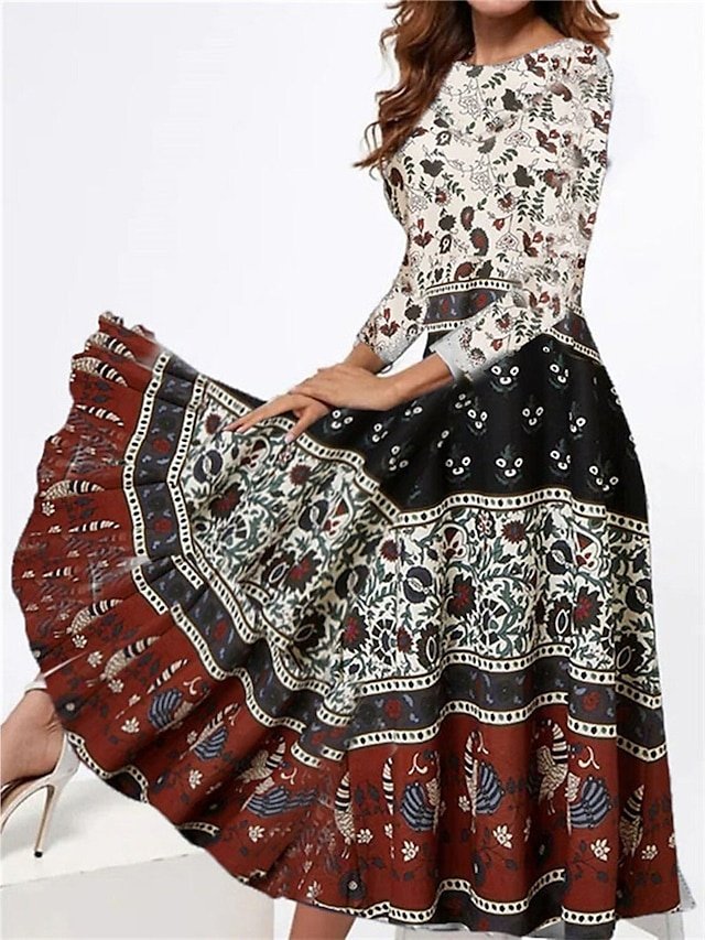 Vintage Regular Fit Ethnic Crew Neck Long Sleeve Midi Dress - Image 1