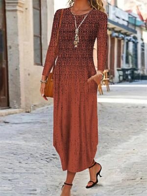 Vintage Regular Fit Ethnic Crew Neck Long Sleeve Maxi Dress - Image 7