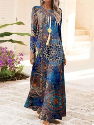 Vintage Regular Fit Floral Crew Neck Long Sleeve Maxi Dress - Image 1