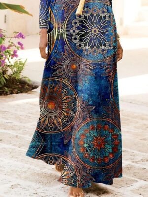 Vintage Regular Fit Floral Crew Neck Long Sleeve Maxi Dress - Image 3