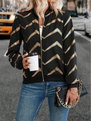 Vintage Regular Fit Geometric Zipper Long Sleeve Jacket - Image 3