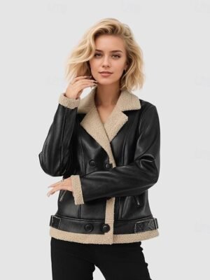 Vintage Regular Fit Plain Notch Lapel Long Sleeve Short Faux Leather Jacket - Image 1