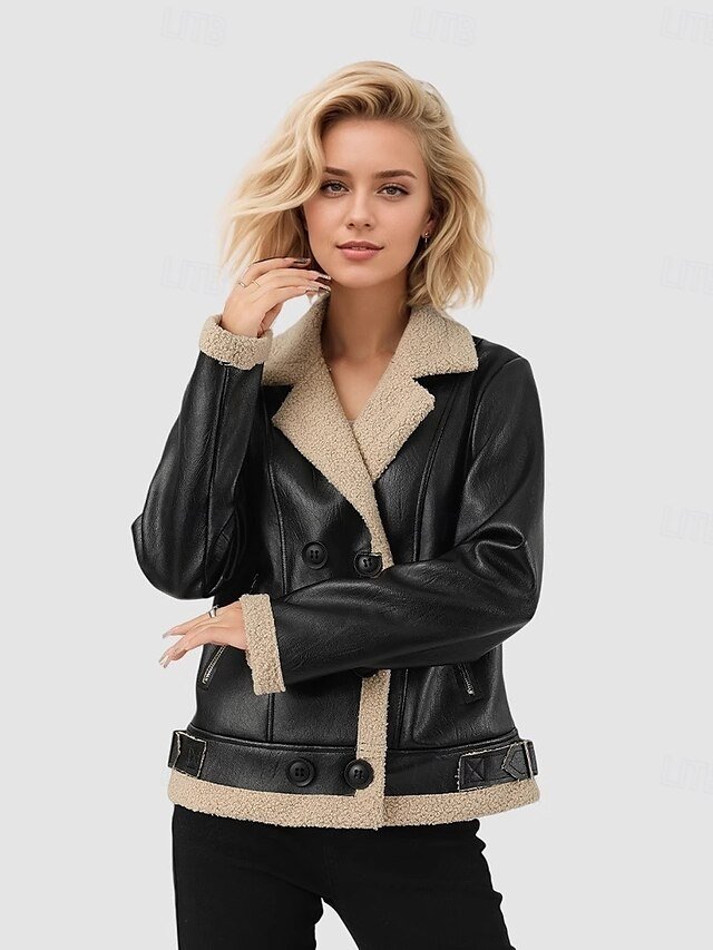 Vintage Regular Fit Plain Notch Lapel Long Sleeve Short Faux Leather Jacket - Image 1