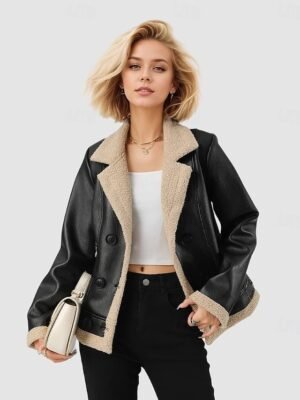Vintage Regular Fit Plain Notch Lapel Long Sleeve Short Faux Leather Jacket - Image 2