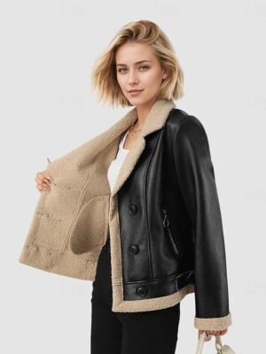 Vintage Regular Fit Plain Notch Lapel Long Sleeve Short Faux Leather Jacket - Image 3