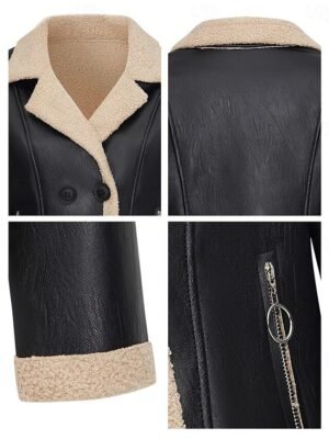 Vintage Regular Fit Plain Notch Lapel Long Sleeve Short Faux Leather Jacket - Image 4