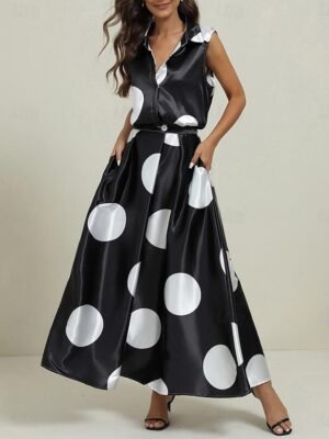 Vintage Regular Fit Polka Dot Shirt Collar Sleeveless Maxi Dress - Image 1