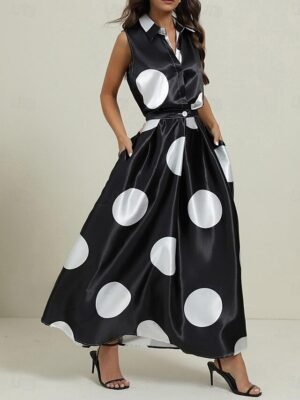 Vintage Regular Fit Polka Dot Shirt Collar Sleeveless Maxi Dress - Image 3