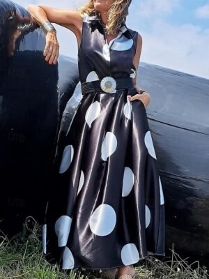 Vintage Regular Fit Polka Dot Shirt Collar Sleeveless Maxi Dress - Image 9