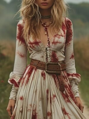 Vintage Regular Fit Tie Dye V Neck Long Sleeve Maxi Dress - Image 2