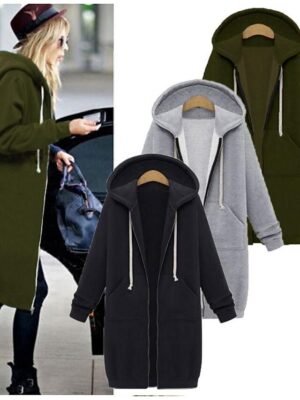 Vintage Relaxed Solid Zip Up Long Sleeve Long Hoodie - Image 2