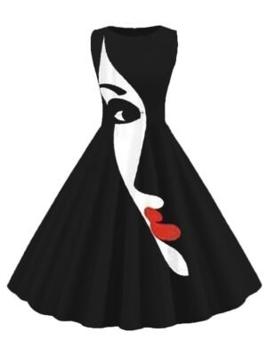 Vintage Slim Abstract Crew Neck Sleeveless Midi Dress - Image 2