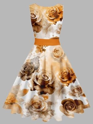 Vintage Slim Floral Crew Neck Sleeveless Midi Tea Dress - Image 3