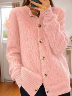 Vintage Soft Cable Knit Crew Neck Long Sleeve Cardigan - Image 2