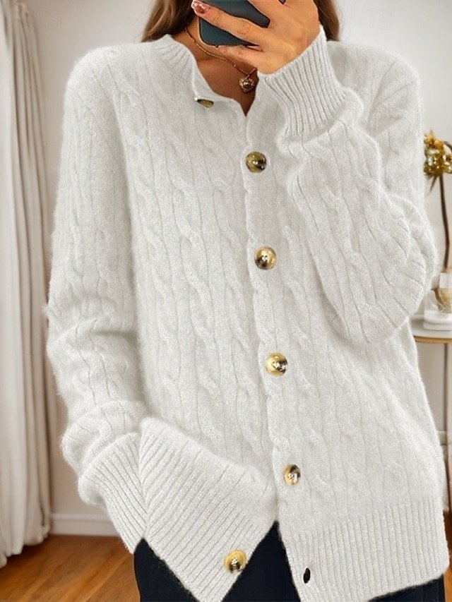 Vintage Soft Cable Knit Crew Neck Long Sleeve Cardigan - Image 3