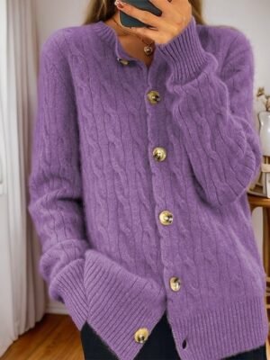 Vintage Soft Cable Knit Crew Neck Long Sleeve Cardigan - Image 5