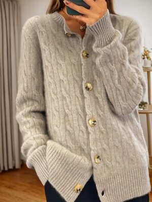 Vintage Soft Cable Knit Crew Neck Long Sleeve Cardigan - Image 7