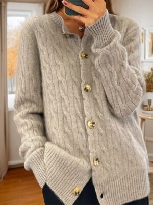 Vintage Soft Cable Knit Crew Neck Long Sleeve Cardigan - Image 8