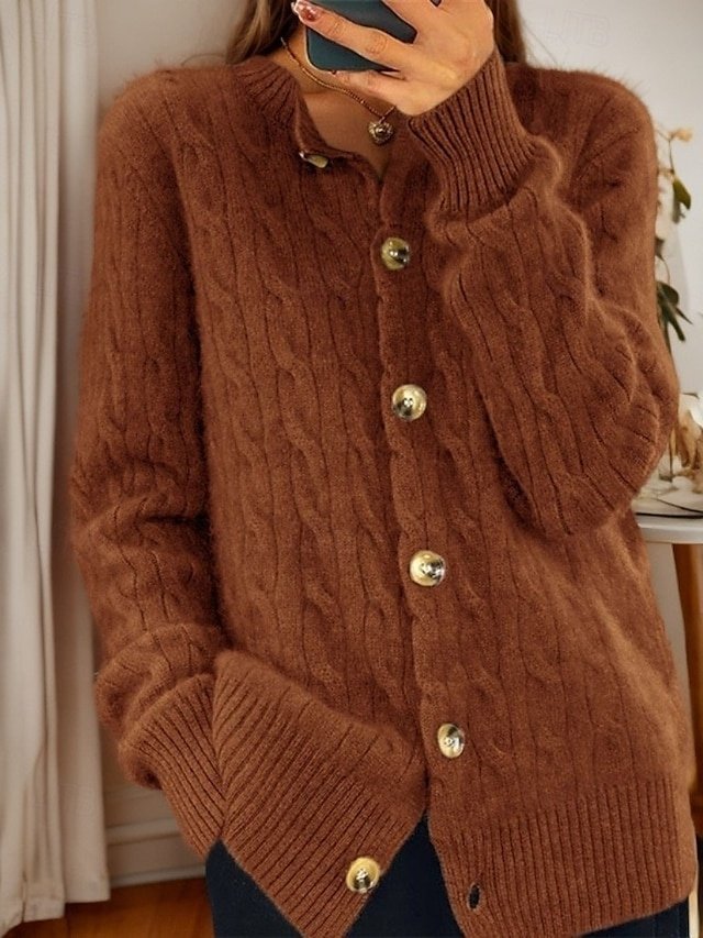 Vintage Soft Cable Knit Crew Neck Long Sleeve Cardigan - Image 9