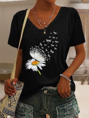 Weekend Regular Butterfly Dandelion V Neck Short Sleeve Summer Top - Image 1