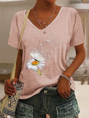 Weekend Regular Butterfly Dandelion V Neck Short Sleeve Summer Top - Image 2