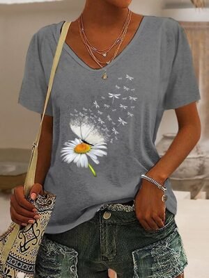 Weekend Regular Butterfly Dandelion V Neck Short Sleeve Summer Top - Image 3