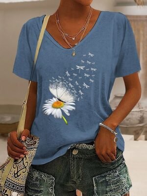 Weekend Regular Butterfly Dandelion V Neck Short Sleeve Summer Top - Image 4
