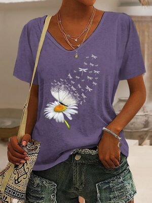 Weekend Regular Butterfly Dandelion V Neck Short Sleeve Summer Top - Image 6