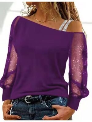 Weekend Sexy Mesh Patchwork One Shoulder Long Sleeve Tee - Image 4