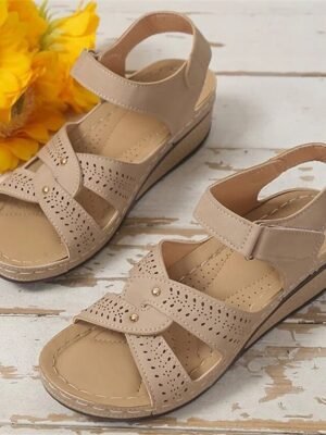 Beige Wedge Open Toe Cutout Sandals - Image 4