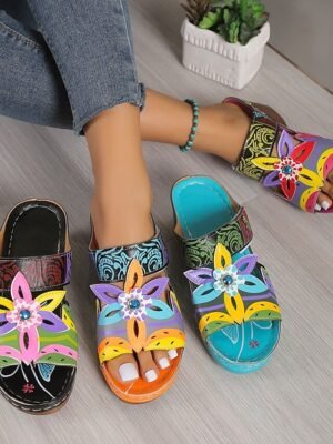 Bohemian Floral Open-Toe Hand-Painted Wedge Sandals - Image 6