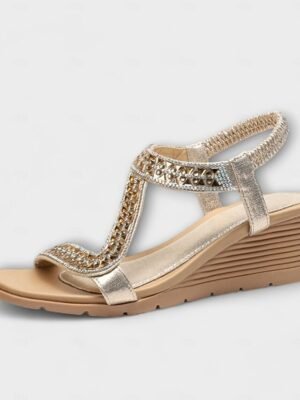 Bohemian Rhinestone Wedge Elastic Strap Sandals - Image 11