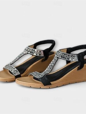 Bohemian Rhinestone Wedge Elastic Strap Sandals - Image 3