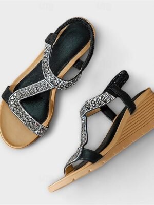Bohemian Rhinestone Wedge Elastic Strap Sandals - Image 4