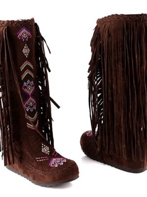 Bohemian Round Toe Embroidered Faux Suede Knee-High Fringe Boots - Image 10
