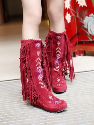 Bohemian Round Toe Embroidered Faux Suede Knee-High Fringe Boots - Image 11