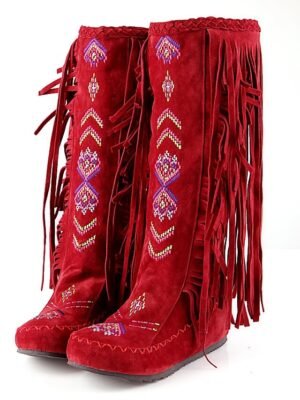 Bohemian Round Toe Embroidered Faux Suede Knee-High Fringe Boots - Image 12