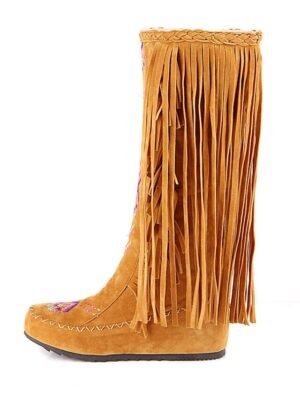 Bohemian Round Toe Embroidered Faux Suede Knee-High Fringe Boots - Image 3