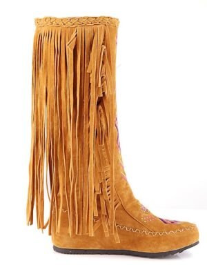 Bohemian Round Toe Embroidered Faux Suede Knee-High Fringe Boots - Image 4
